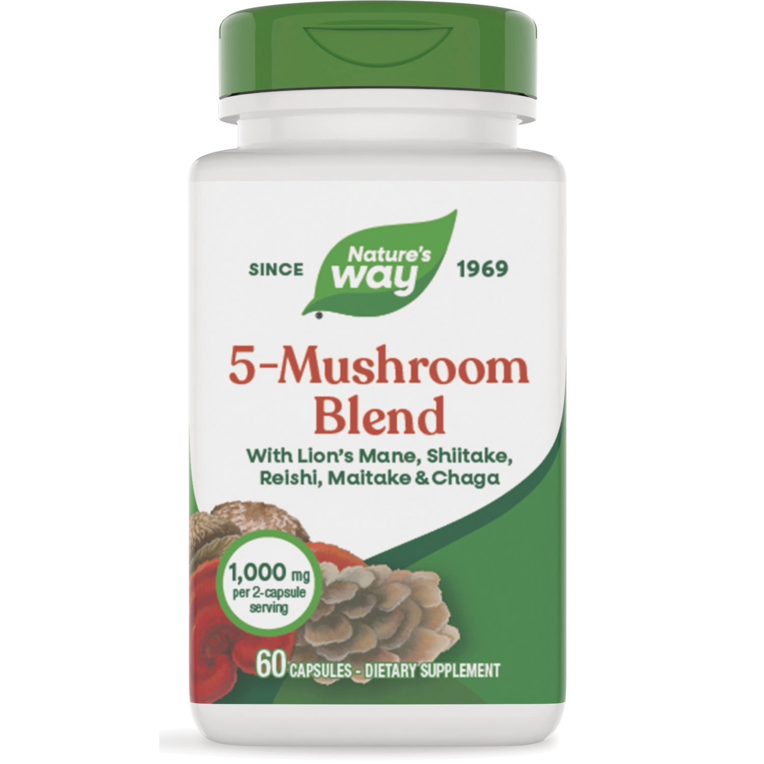 NW1073 | Nature's Way 5-Mushroom Blend supplement bottle front label, 60 capsules, 1,000 mg per 2-capsule serving