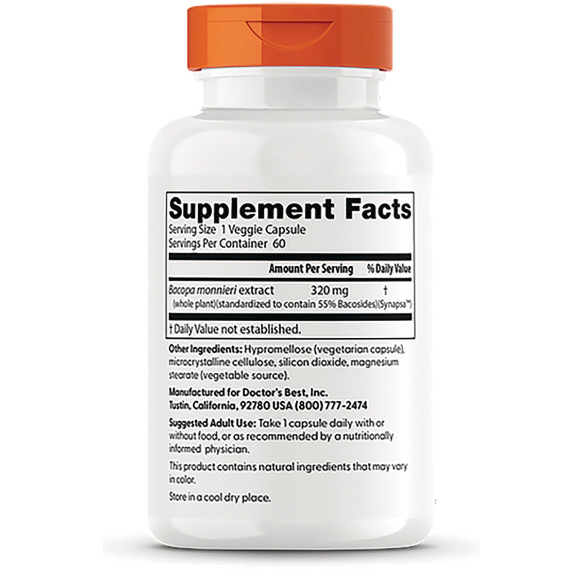 DB249 | Back of white supplement bottle showing Supplement Facts panel, ingredient list, suggested use, and manufacturer info