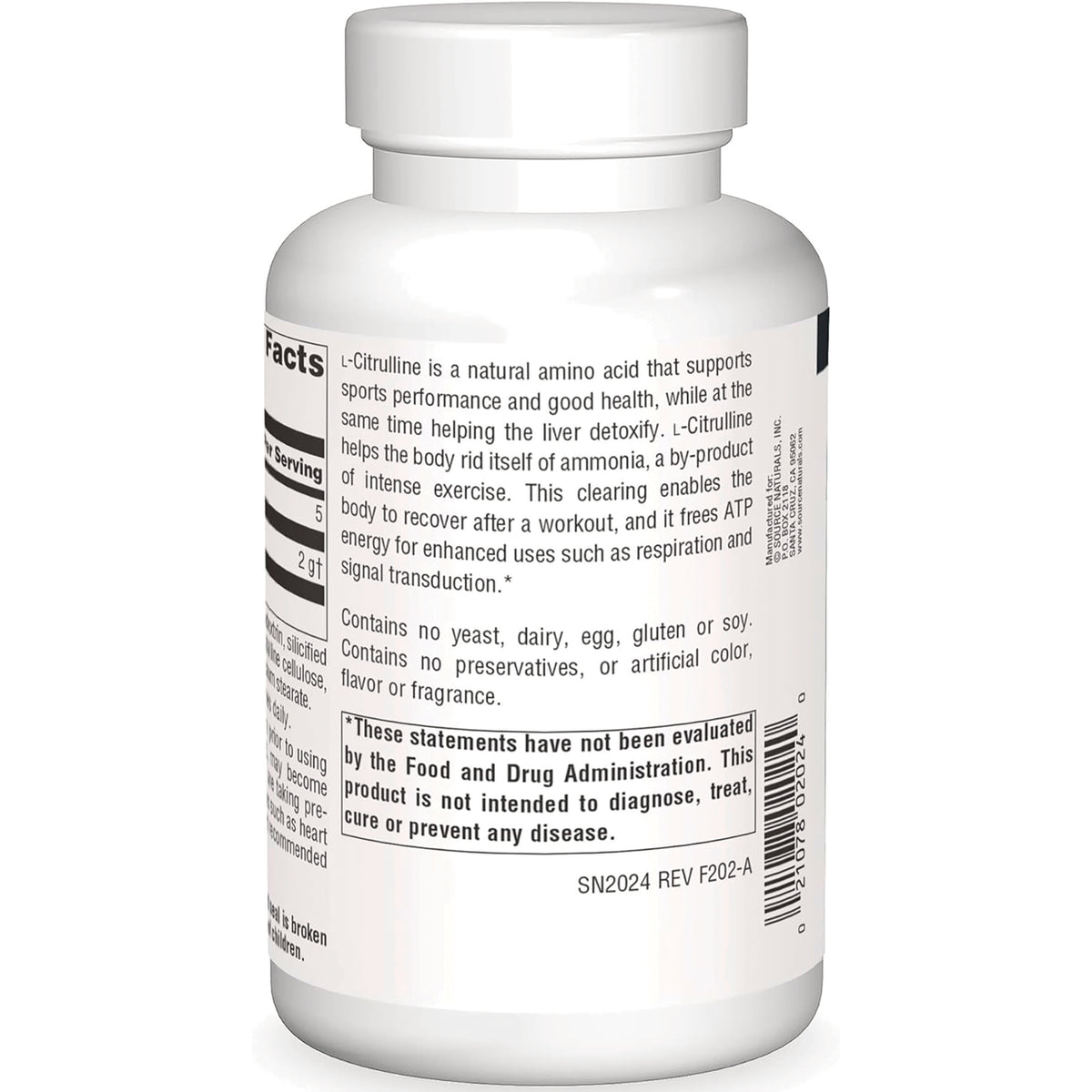 SN673 | Supplement bottle back label with ingredients, warnings, and FDA disclaimer text