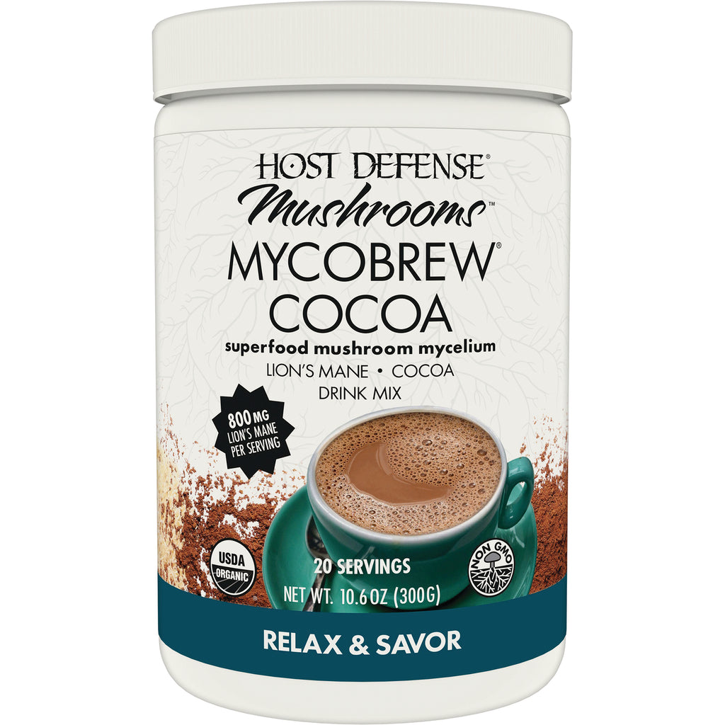 FUN017 | Host Defense Mycobrew Cocoa mushroom drink mix container showing cup of cocoa and RELAX & SAVOR label - Thumbnail