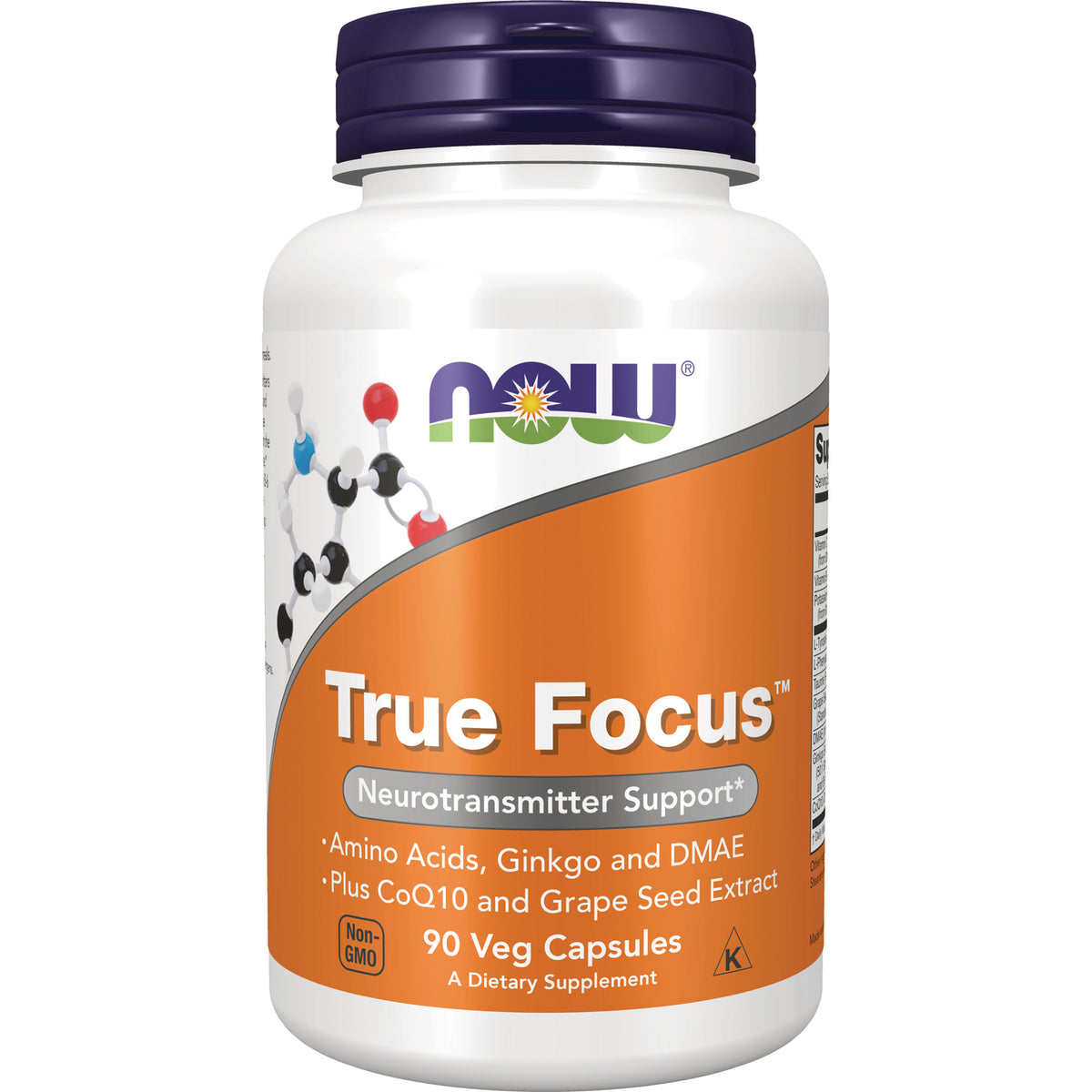 NWF1134 | Now True Focus dietary supplement bottle with orange label reading 90 Veg Capsules