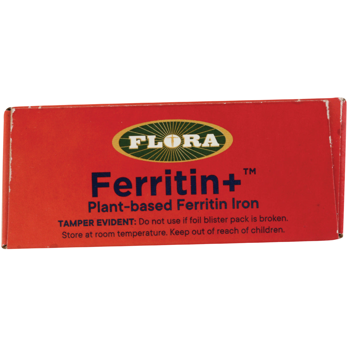 FL105 | red Flora Ferritin+ box labeled Plant-based Ferritin Iron with tamper evident warning