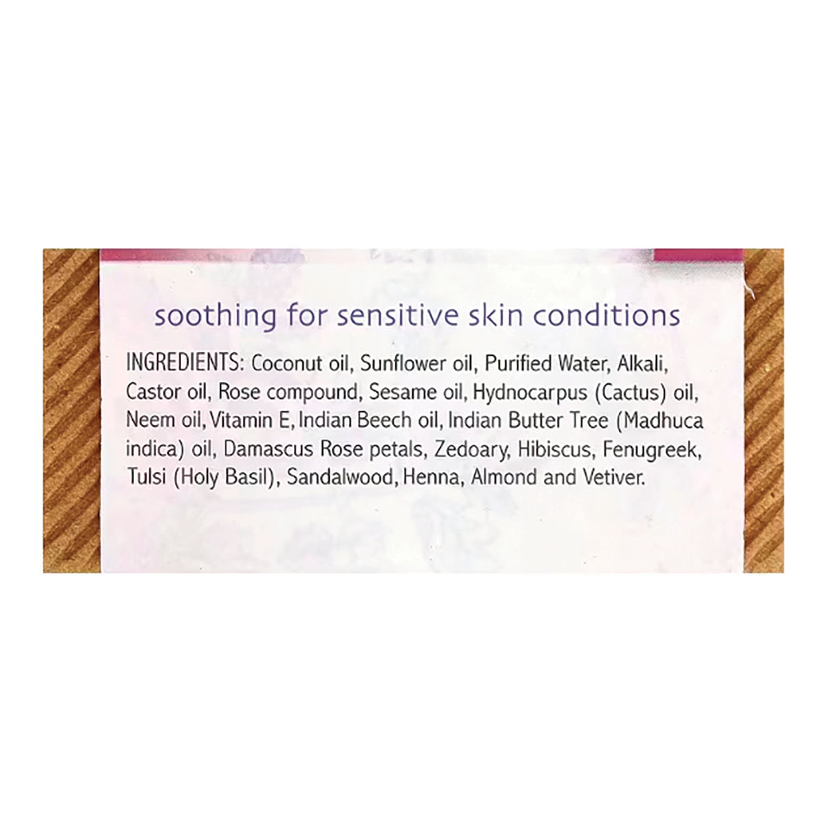 AUR004 | Back label: soothing for sensitive skin conditions; ingredients include coconut oil, sunflower oil, neem oil, vitamin E