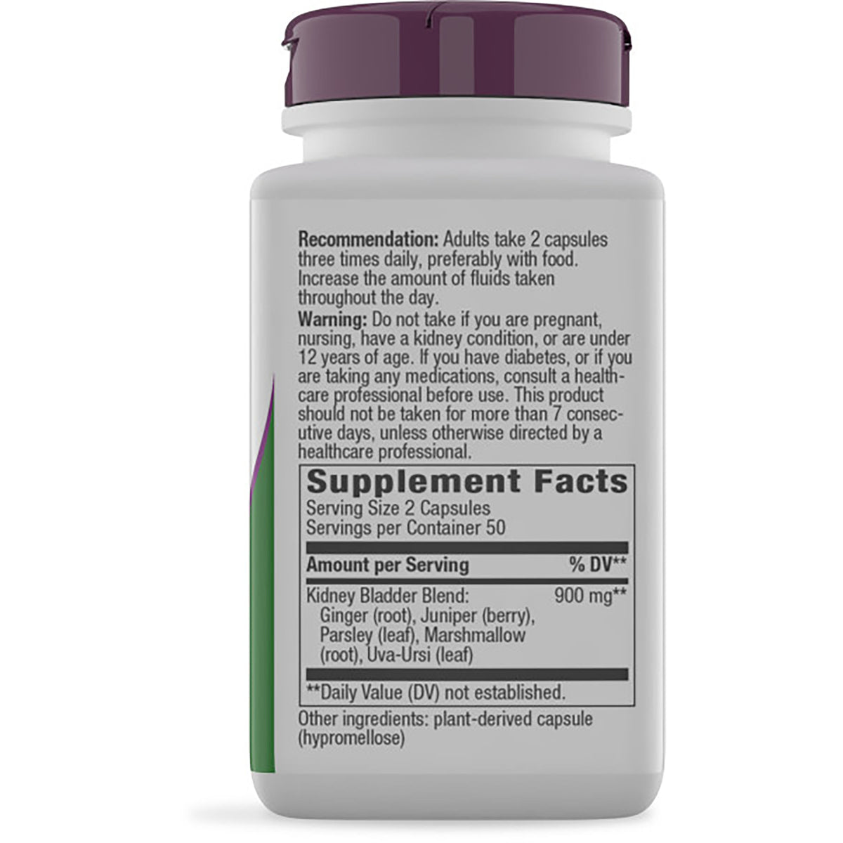 NW091 | Back of brown supplement bottle showing Supplement Facts label, serving size 2 capsules and warning text