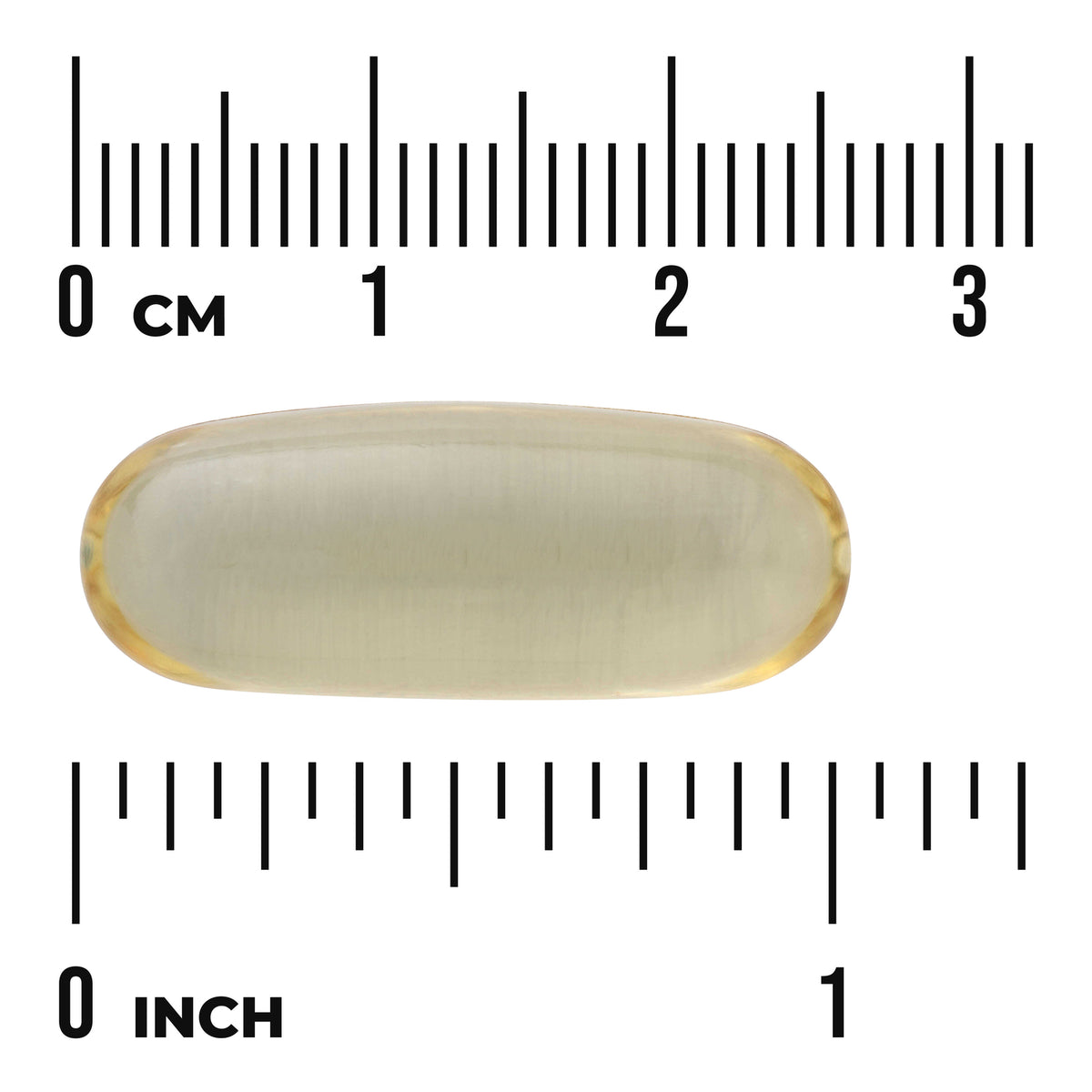 SWE064 | Yellow translucent softgel capsule shown against centimeter and inch rulers, about 3 cm / 1 inch long