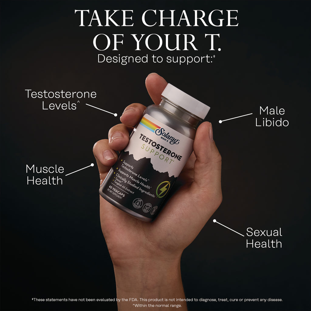 SLR537 | Take Charge of Your T Solaray Mens Testosterone Support bottle in hand with benefit callouts - Thumbnail