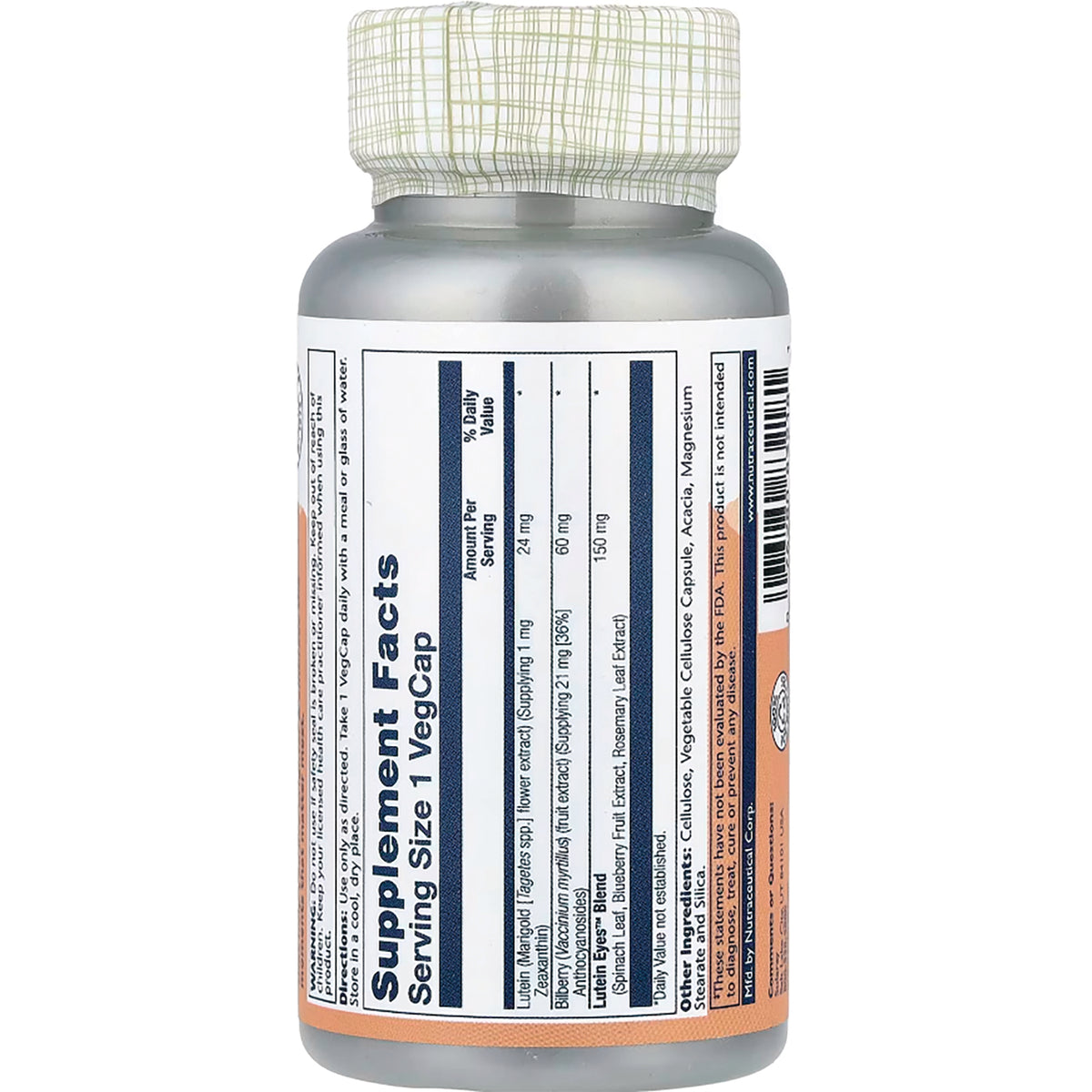 SLR324 | Supplement Facts panel showing serving size 1 VegCap and ingredients list on bottle label