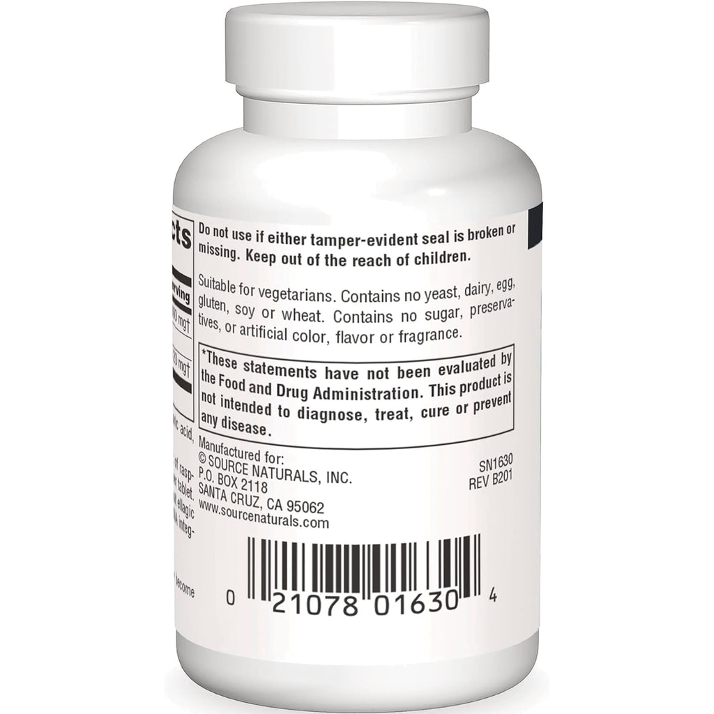 SN593 | Supplement bottle back label with warnings, FDA disclaimer, Source Naturals address, and barcode - Thumbnail