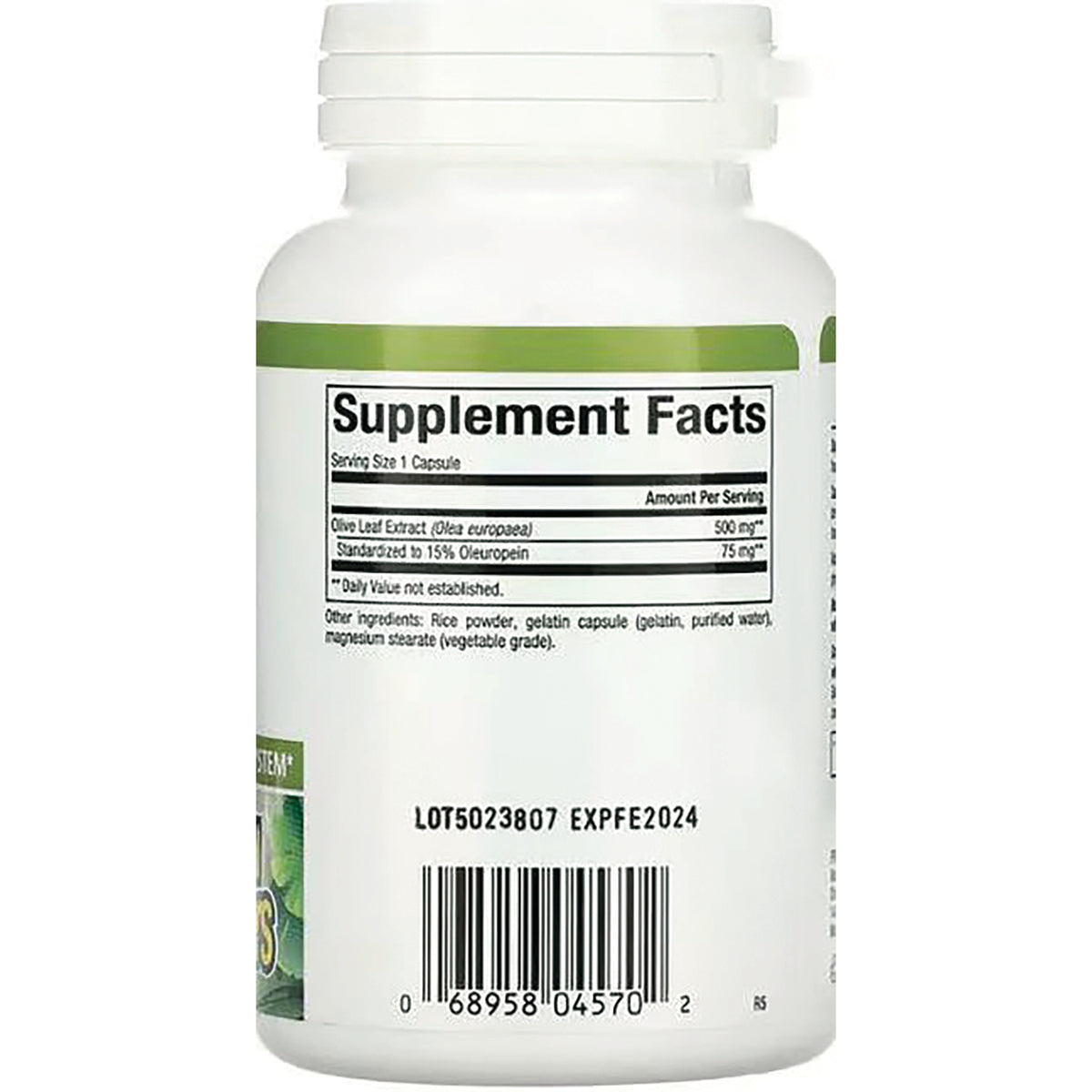 NFC076 | Back of white supplement bottle showing Supplement Facts panel, barcode, and lot and expiration code