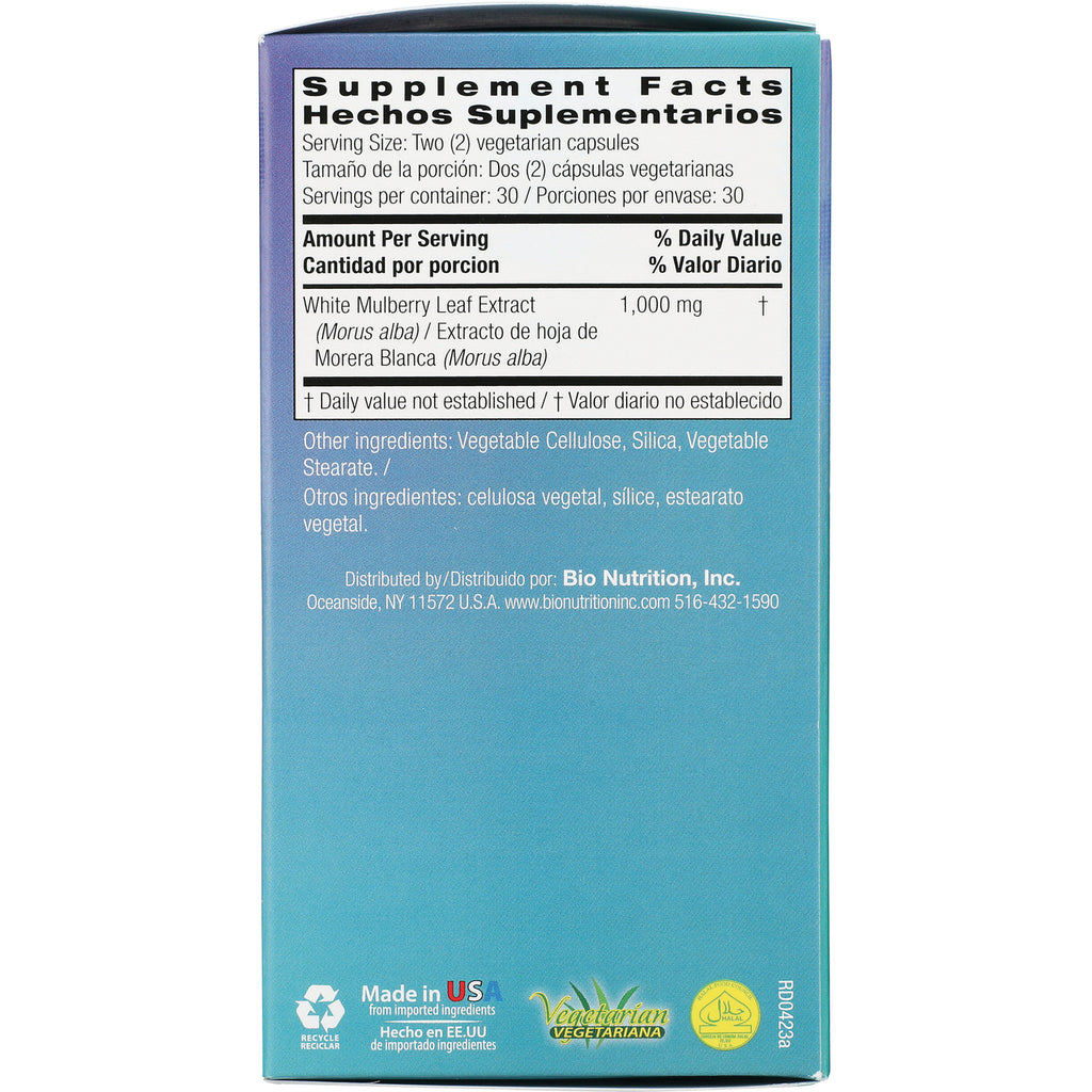 BNN036 | back of teal supplement box showing Supplement Facts with White Mulberry Leaf Extract 1,000 mg and other ingredients - Thumbnail