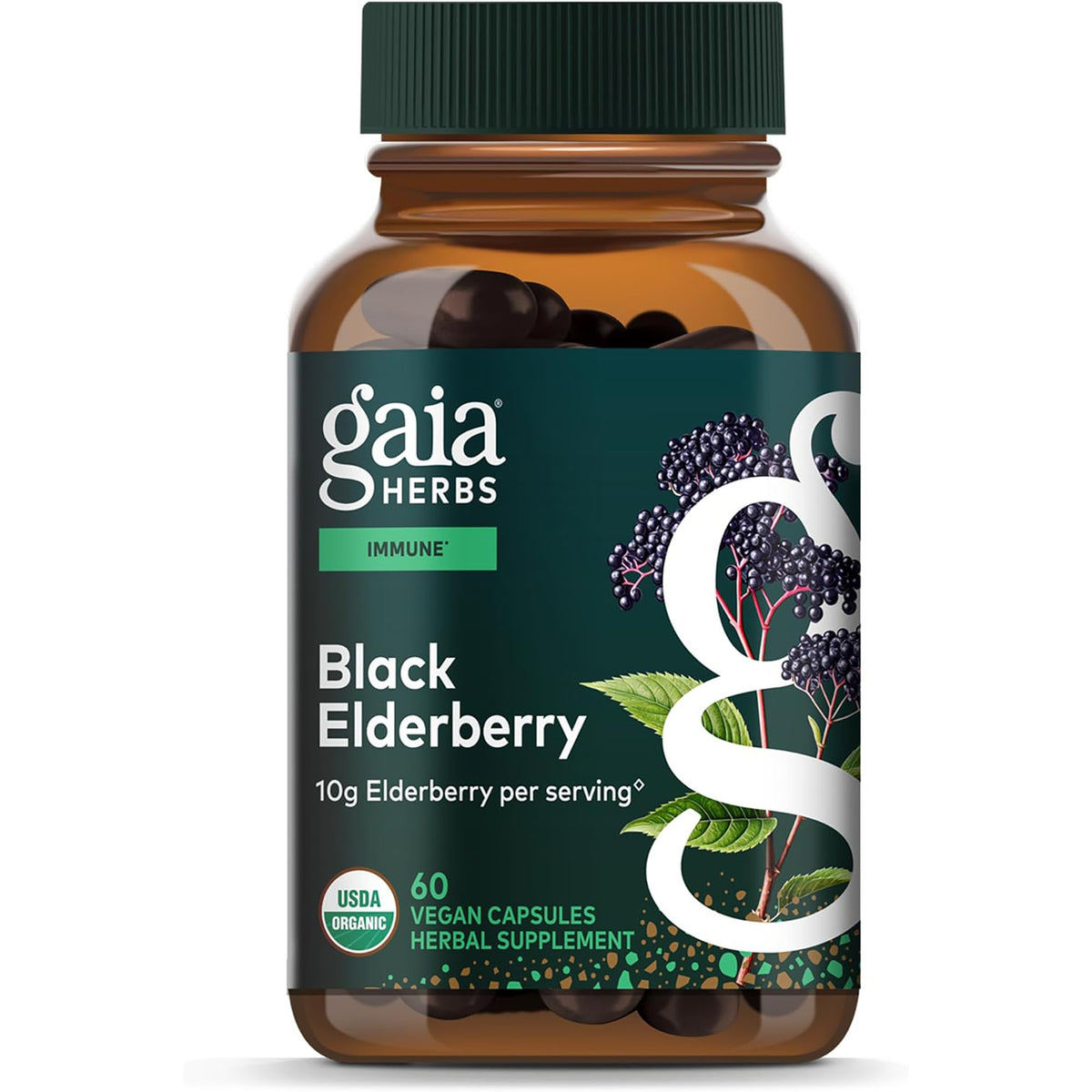 GH004 | Gaia Herbs Black Elderberry bottle, 60 vegan capsules, immune support herbal supplement