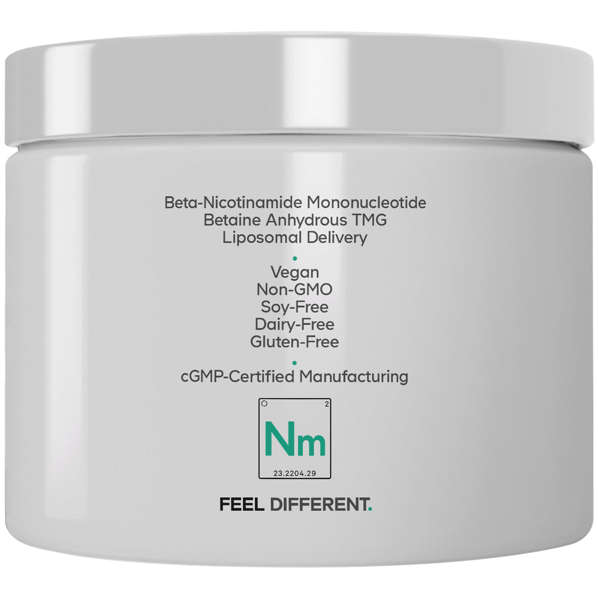 CDG039 | Back of white supplement jar showing icons and text Liposomal Blend, NMN & TMG, cGMP Certified Manufacturing, Non GMO