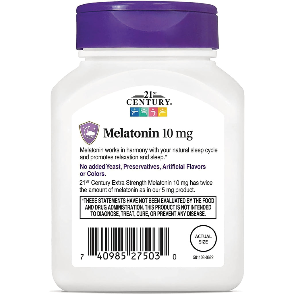 CNT246 | 21st Century Melatonin 10 mg bottle label with product claims, barcode, and actual size circle - Thumbnail