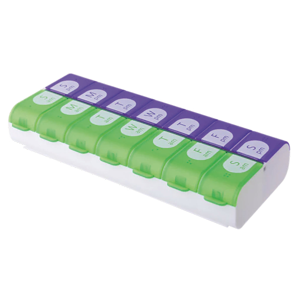 APP09 | Green and purple weekly pill organizer with AM and PM compartments - Thumbnail