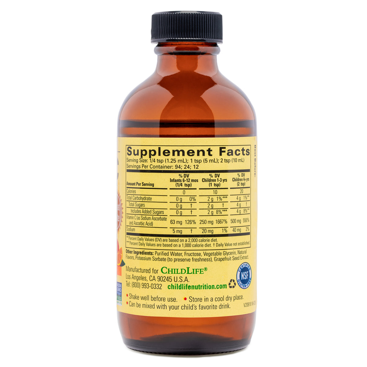 CHL004 | Amber supplement bottle back label showing Supplement Facts, ingredients, dosage and ChildLife contact info