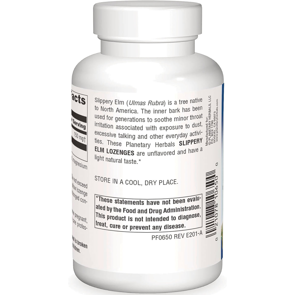 PF130 | back label of white supplement bottle showing ingredient text, barcode, and FDA warning box