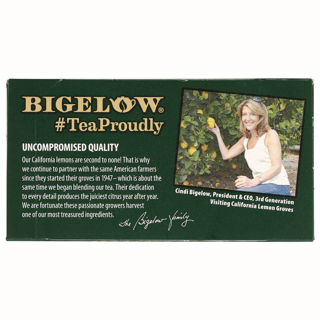 BGT012 | Bigelow tea box back panel with 'Uncompromised Quality' text and photo of a woman picking lemons - Thumbnail