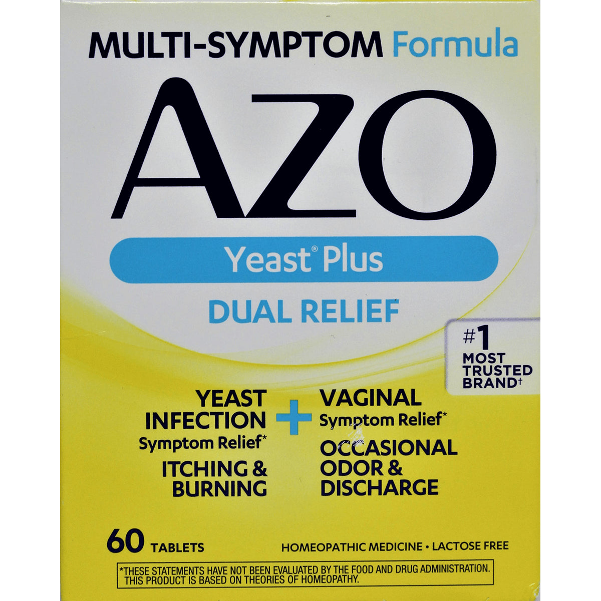 AMF001 | AZO Yeast Plus Dual Relief front packaging, 60 tablets, product name and symptom relief claims visible