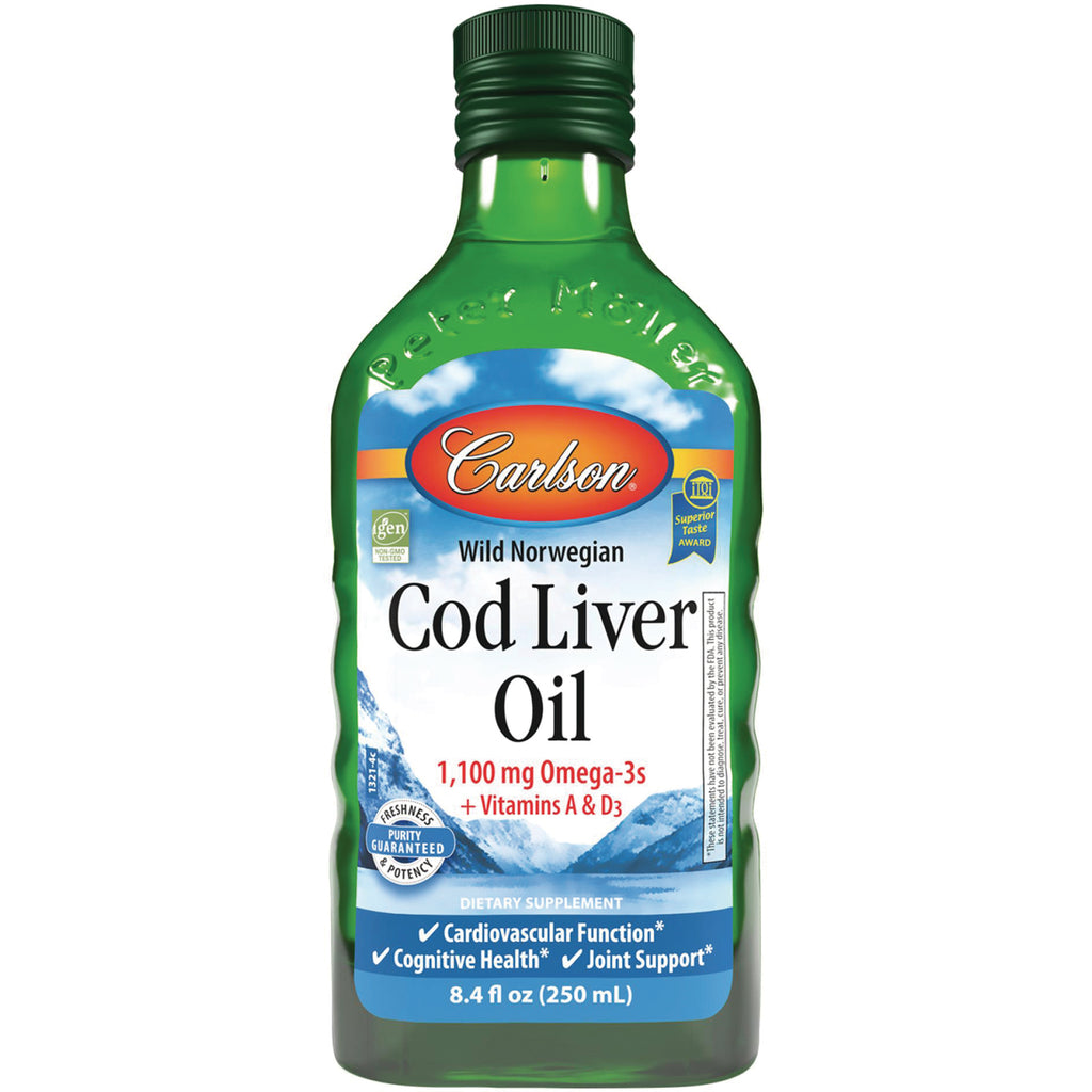 CSN010 | Carlson Wild Norwegian Cod Liver Oil 8.4 fl oz bottle labeled 1,100 mg Omega-3s + Vitamins A & D3 - Thumbnail