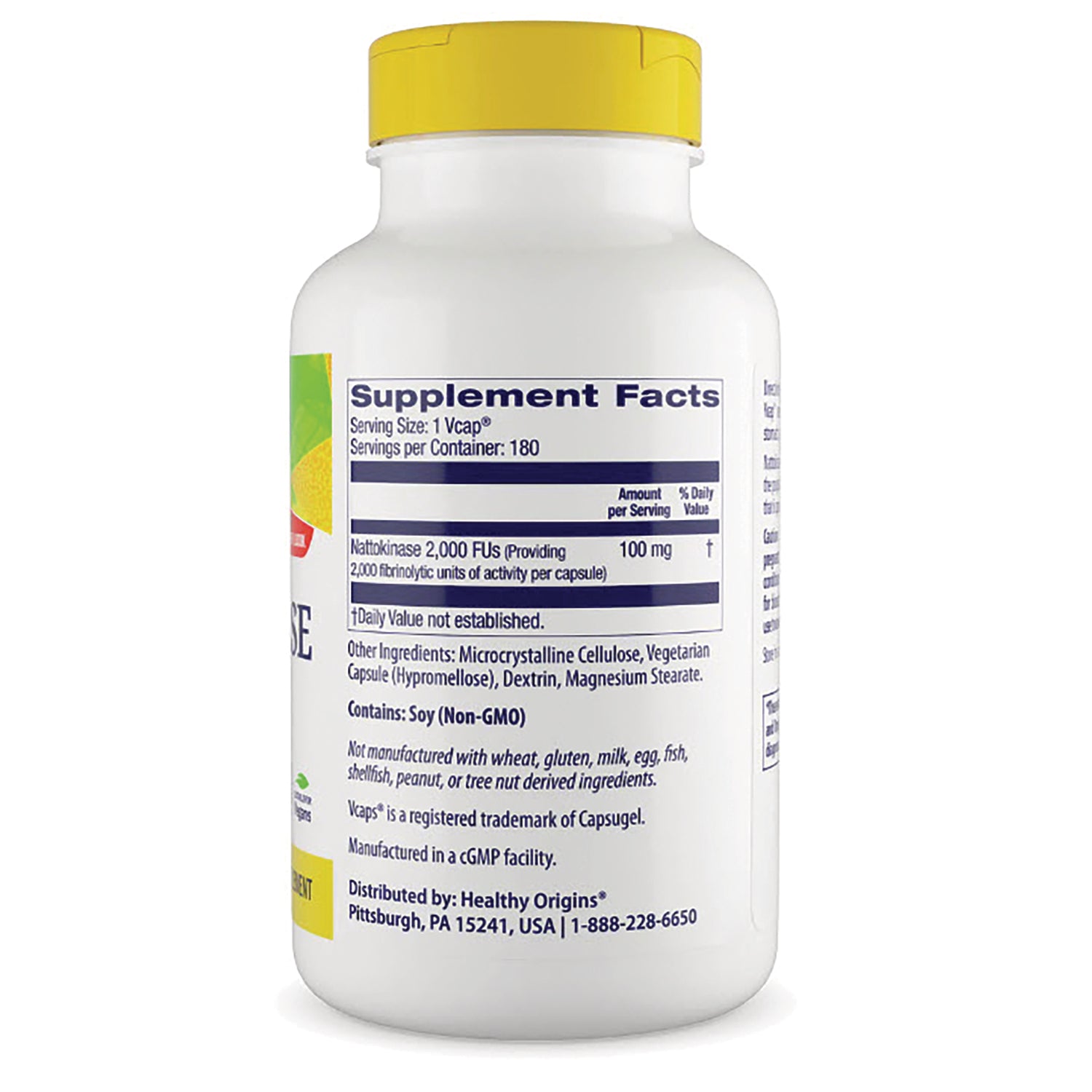 HRG029 | Back of white supplement bottle with yellow cap showing Supplement Facts panel, ingredients and Contains Soy (Non-GMO)