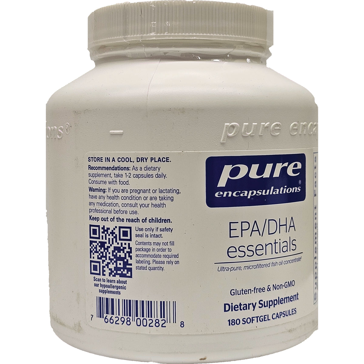 PRN045 | Back label of Pure Encapsulations EPA/DHA essentials with usage directions, QR code and barcode