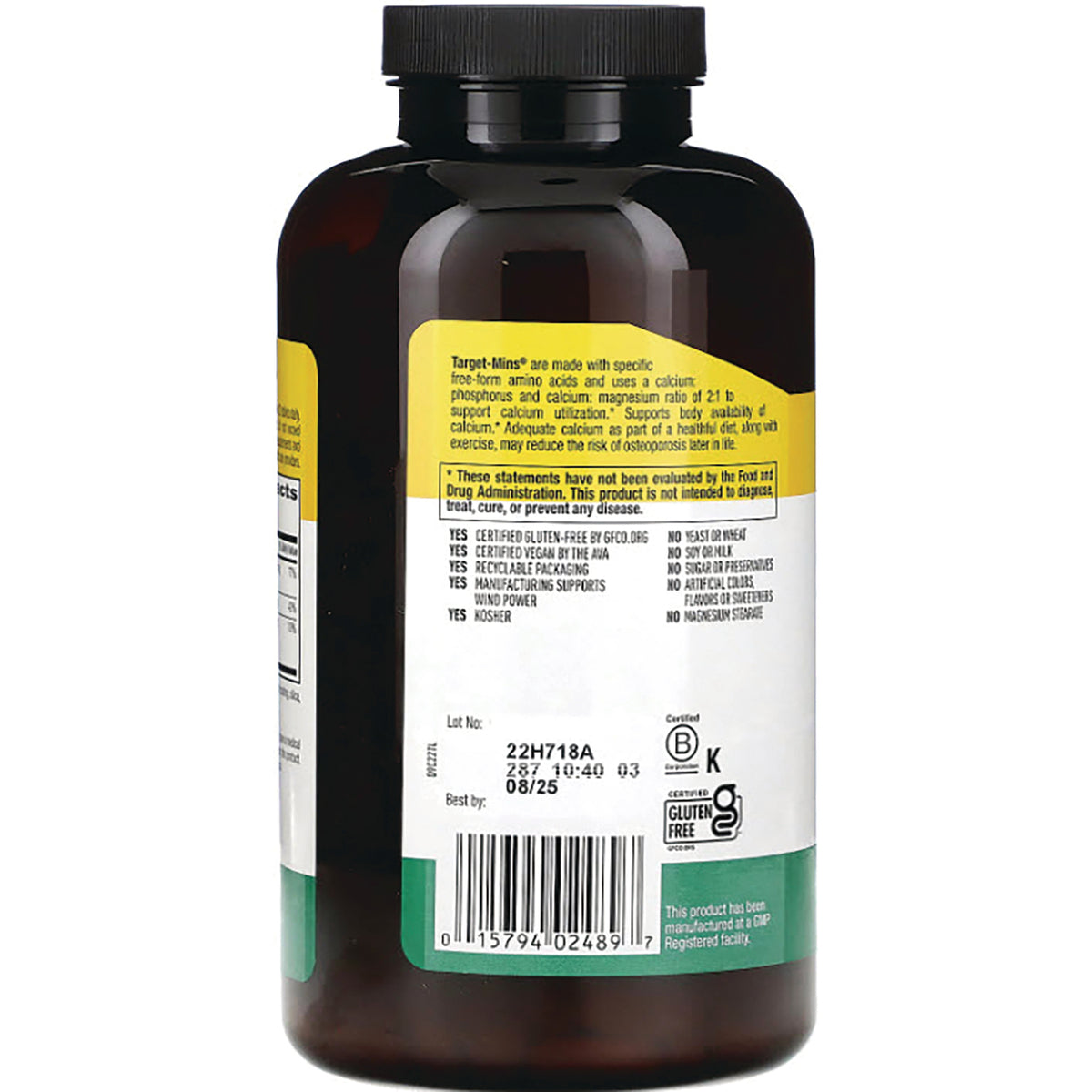 CRL380 | Back label of amber supplement bottle showing ingredients, certifications, barcode and best by 08/25