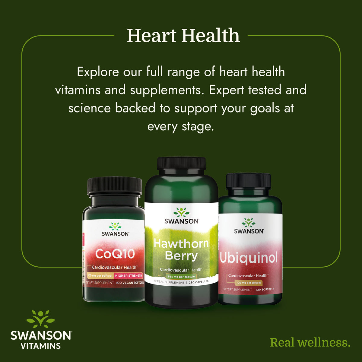 SW773 | Swanson Vitamins heart health infographic with CoQ10, Hawthorn Berry, and Ubiquinol bottles