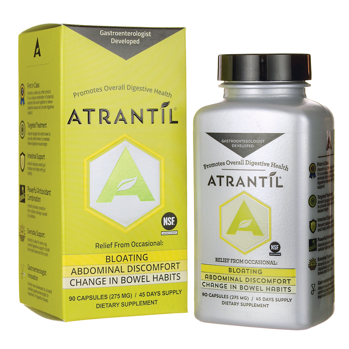 ATL002 | Atrantil supplement front-facing bottle and yellow product box showing relief claims for bloating and abdominal discomfort