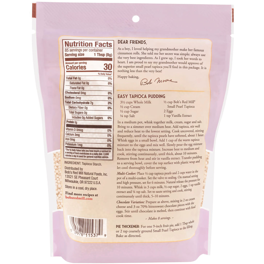 BOB413 | Back of pink pouch showing nutrition facts, ingredients, tapioca pudding recipe and barcode - Thumbnail