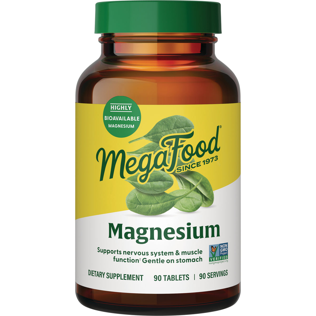 MGF047 | MegaFood Magnesium dietary supplement bottle front with green cap and label reading Magnesium 90 tablets