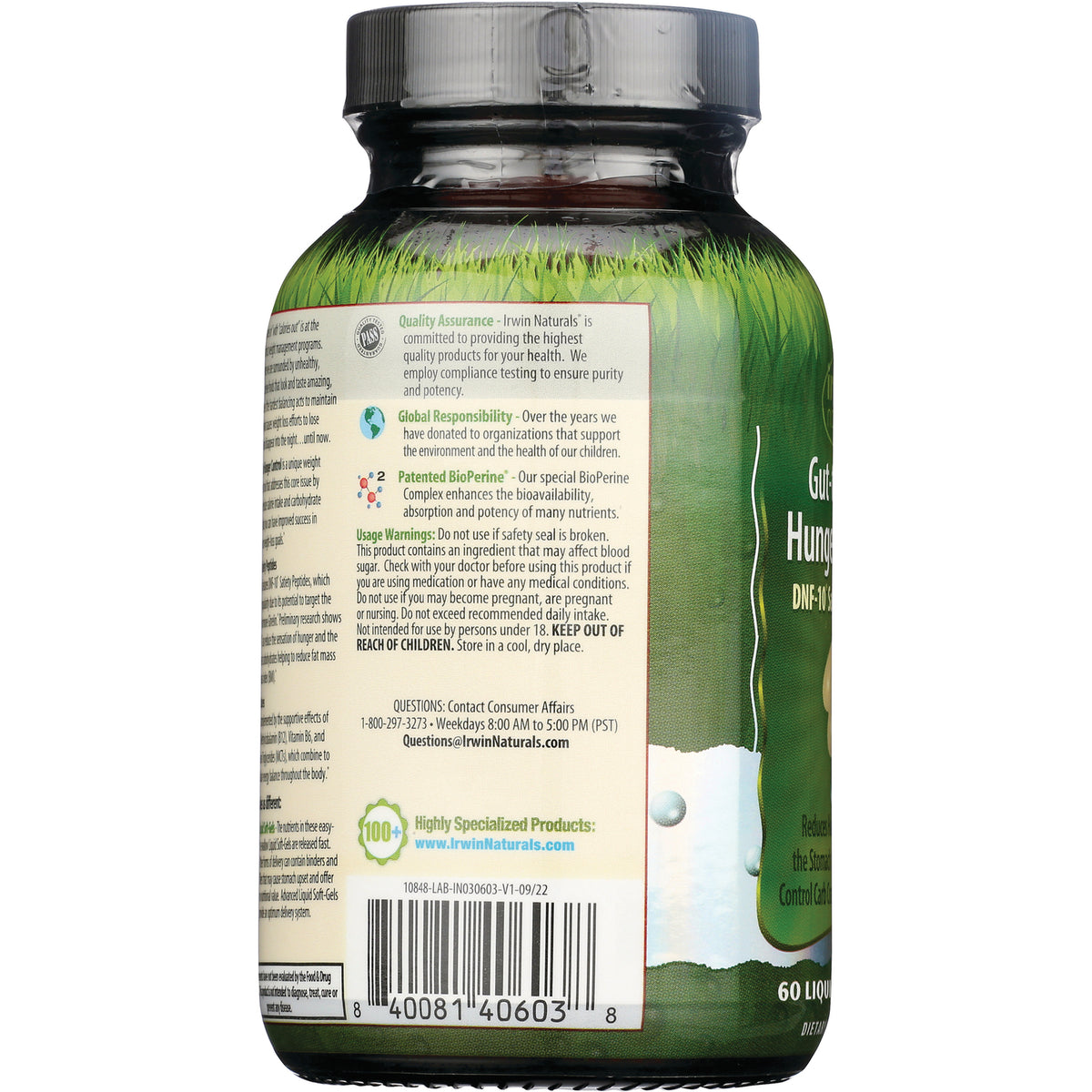 IR259 | Back label of green supplement bottle showing usage warnings, quality claims and barcode