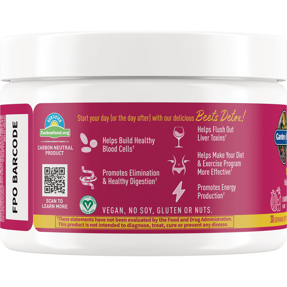 GLF353 | Back label of supplement jar listing benefits: helps build healthy blood cells, promotes digestion, flushes liver toxins; vegan, no soy, gluten or nuts