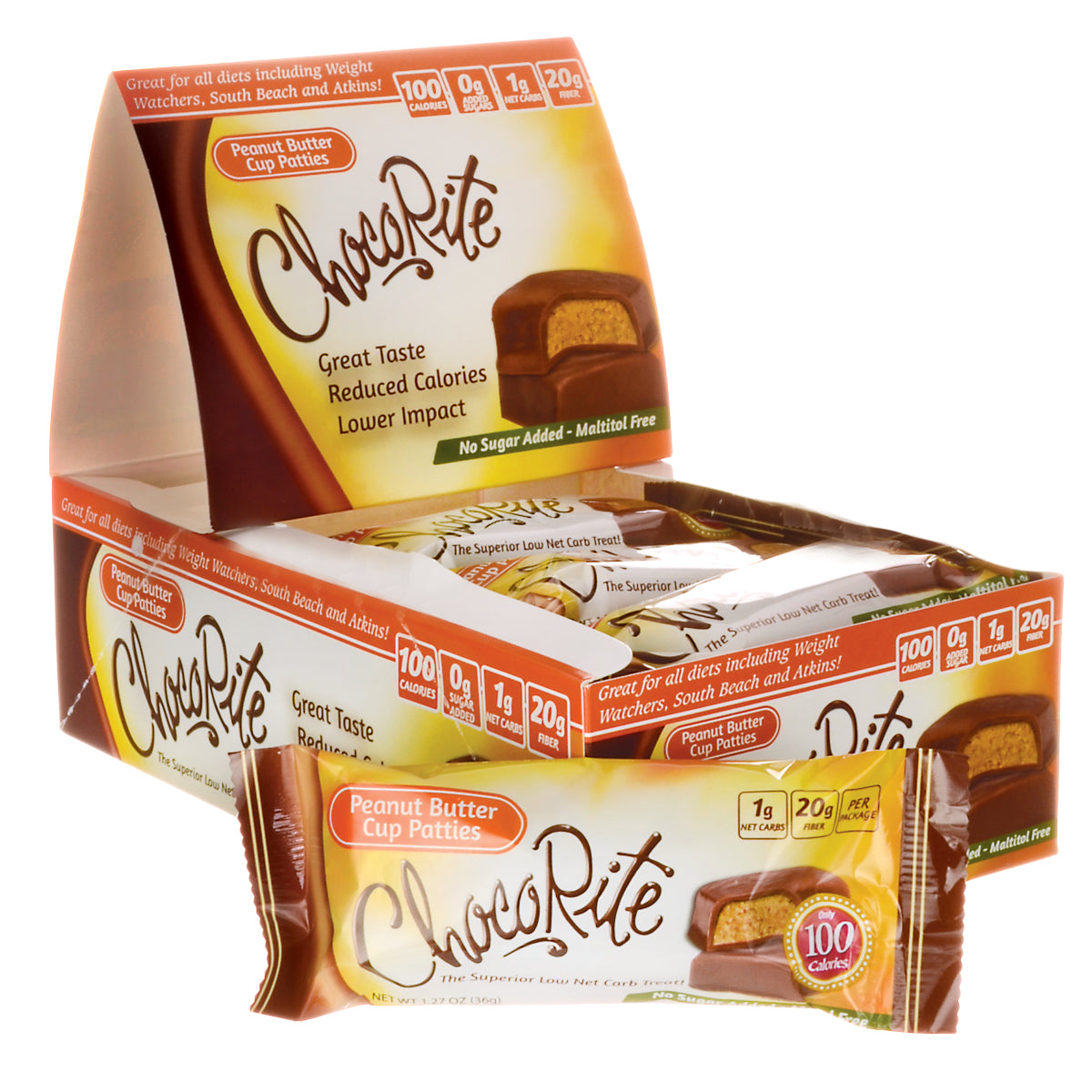 CHR007 | ChocoRite peanut butter cup patties display box showing an open box and a single wrapped bar