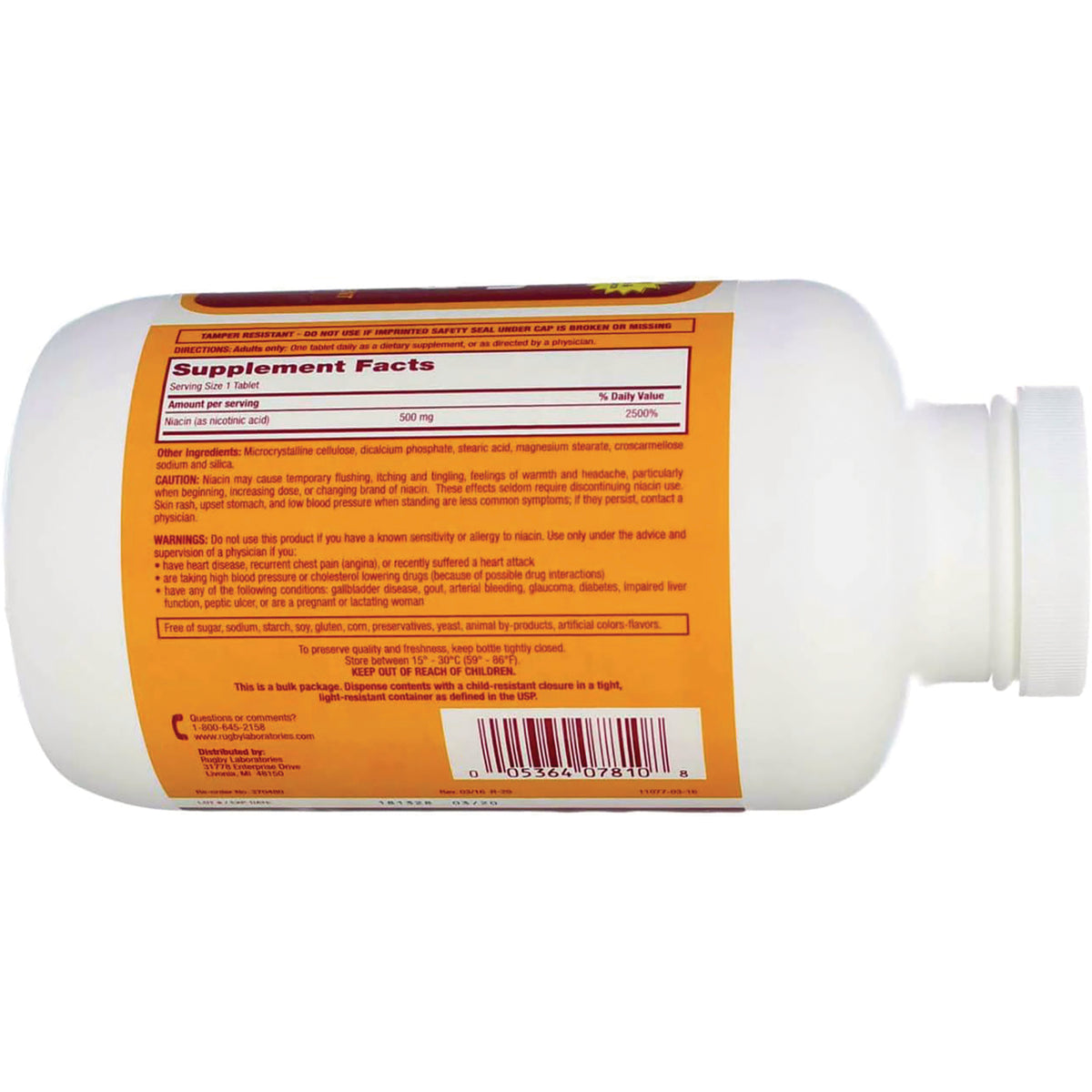 WAT035 | Back label showing Supplement Facts for Niacin 500 mg, serving size 1 tablet, warnings, and barcode