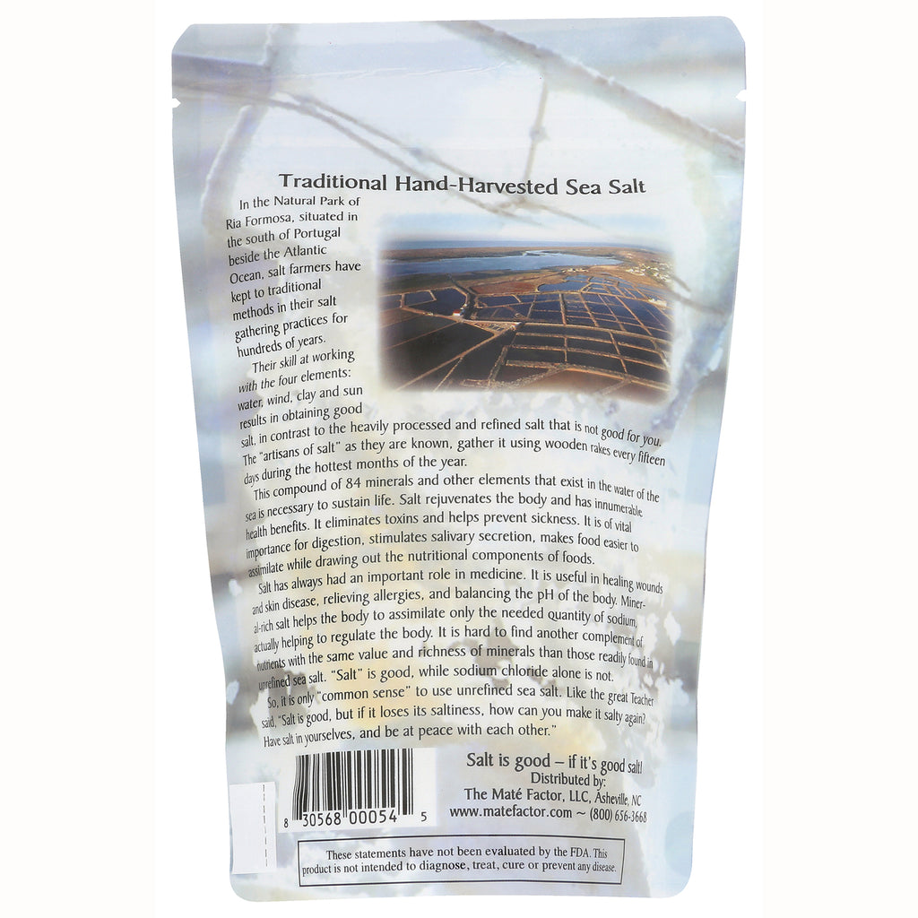 MTF011 | back of resealable pouch showing Traditional Hand-Harvested Sea Salt description, barcode and distributor info - Thumbnail