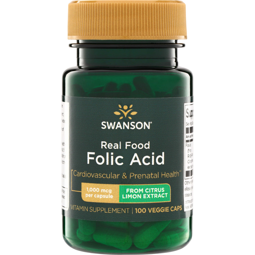SWU1041 | Swanson Real Food Folic Acid, 1,000 mcg per capsule, From Citrus Limon Extract, 100 veggie caps bottle - Thumbnail