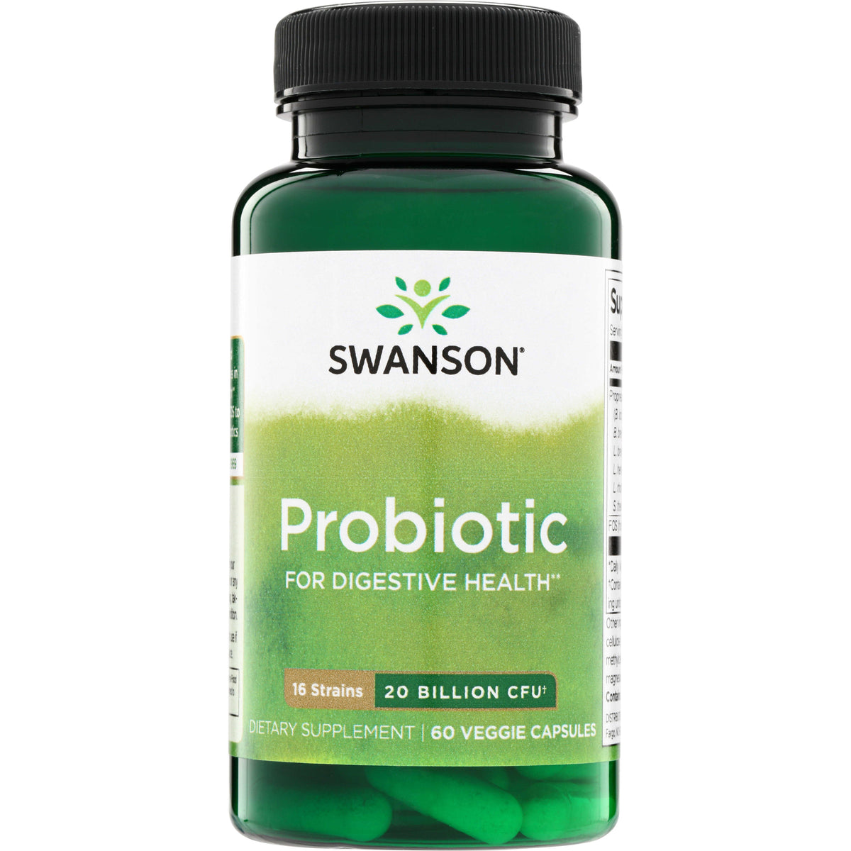 SWA034 | Swanson Probiotic bottle front, For Digestive Health, 16 strains, 20 billion CFU, 60 veggie capsules