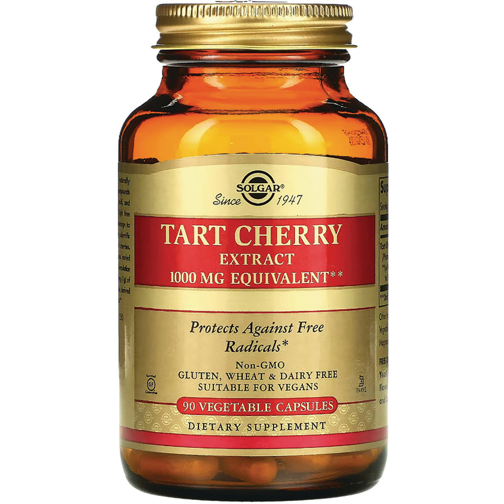 SLG302 | Solgar amber bottle labeled TART CHERRY EXTRACT 1000 MG EQUIVALENT with 90 vegetable capsules - Thumbnail