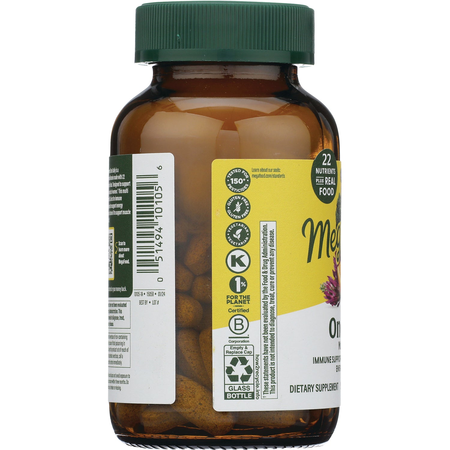 MGF001 | brown glass supplement bottle back label showing certification icons, barcode, and tablets visible