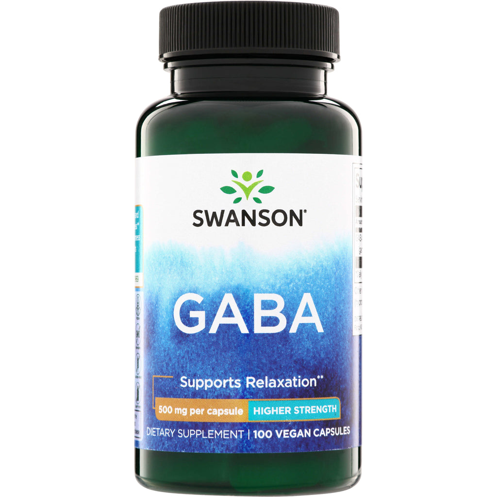 SW872 | Swanson GABA supplement bottle front, 500 mg per capsule, Higher Strength, 100 vegan capsules - Thumbnail