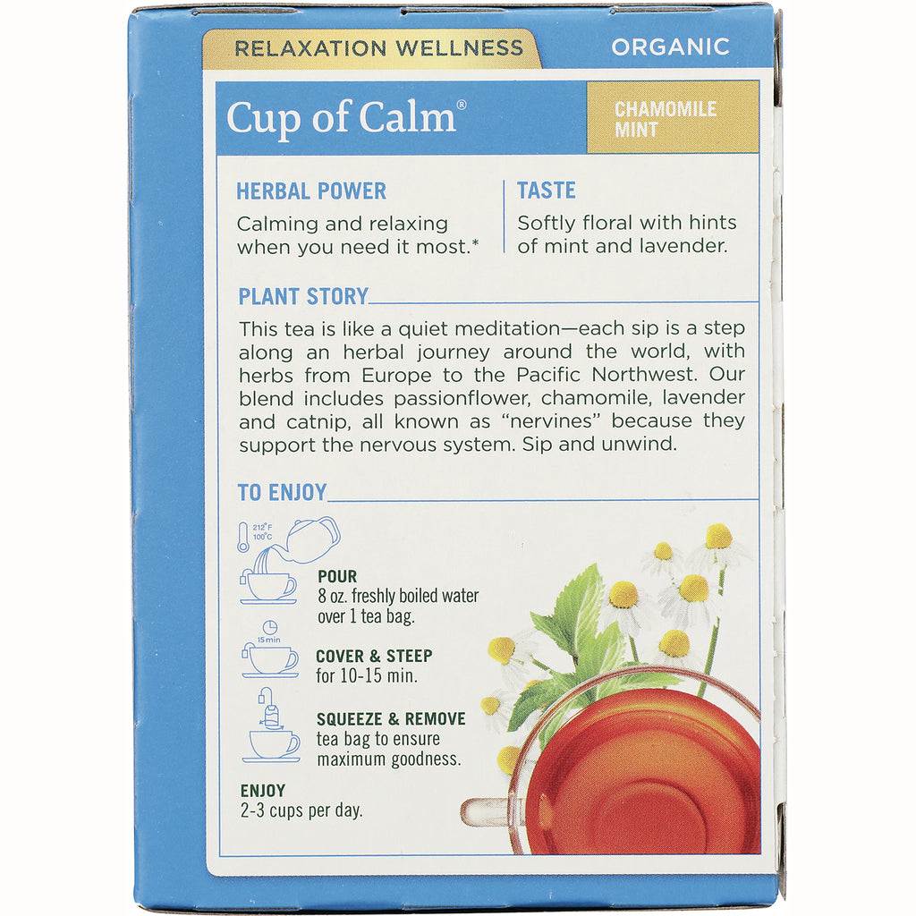 TMD015 | Back of Cup of Calm Chamomile Mint tea box with Herbal Power, Taste, Plant Story, and brewing directions - Thumbnail