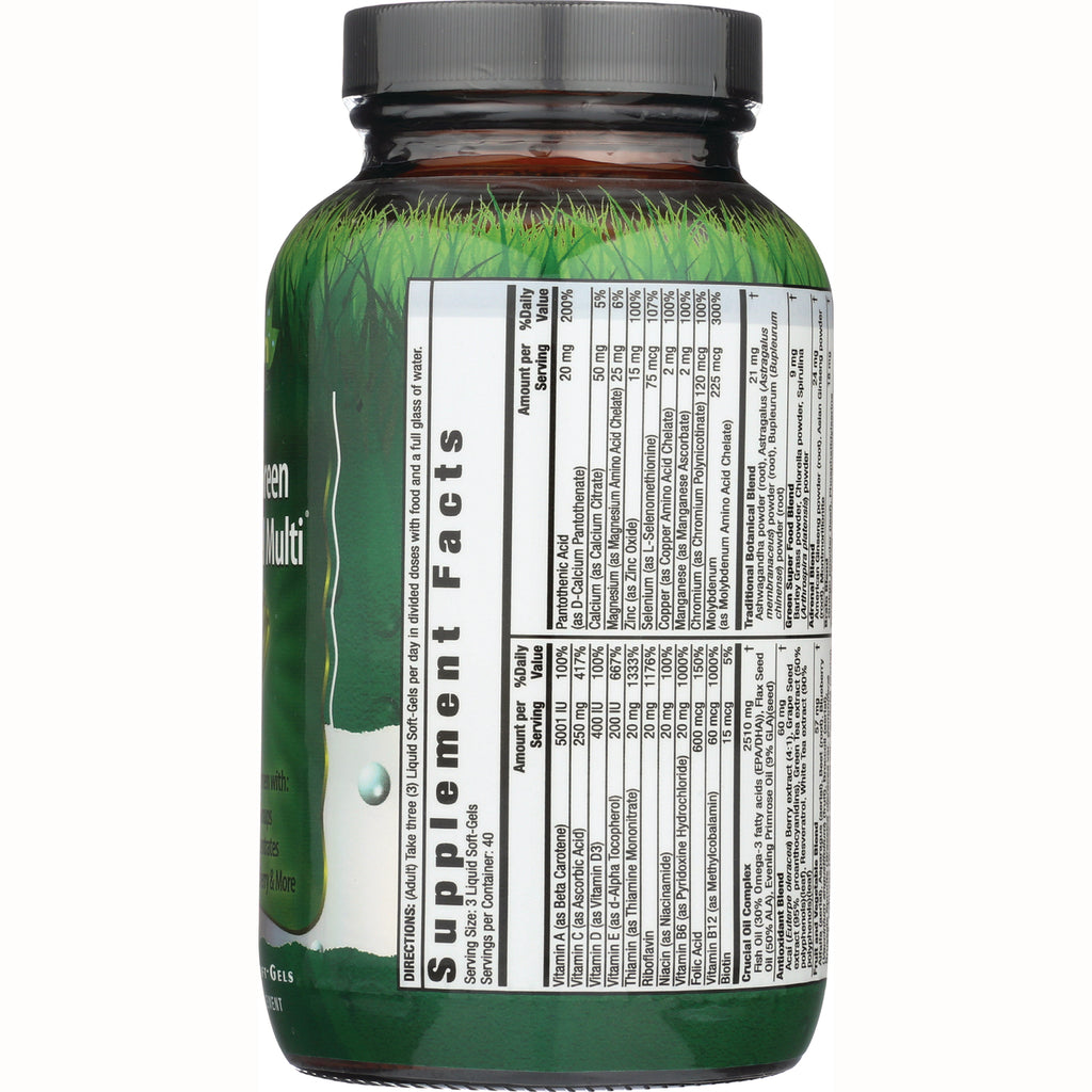 IR070 | Back of green supplement bottle showing Supplement Facts label and nutrition and ingredient tables - Thumbnail