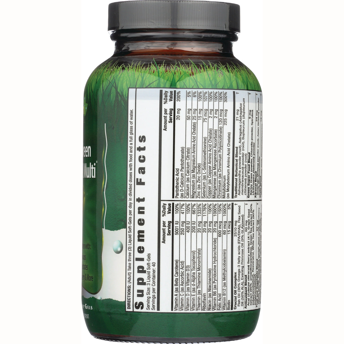IR070 | Back of green supplement bottle showing Supplement Facts label and nutrition and ingredient tables