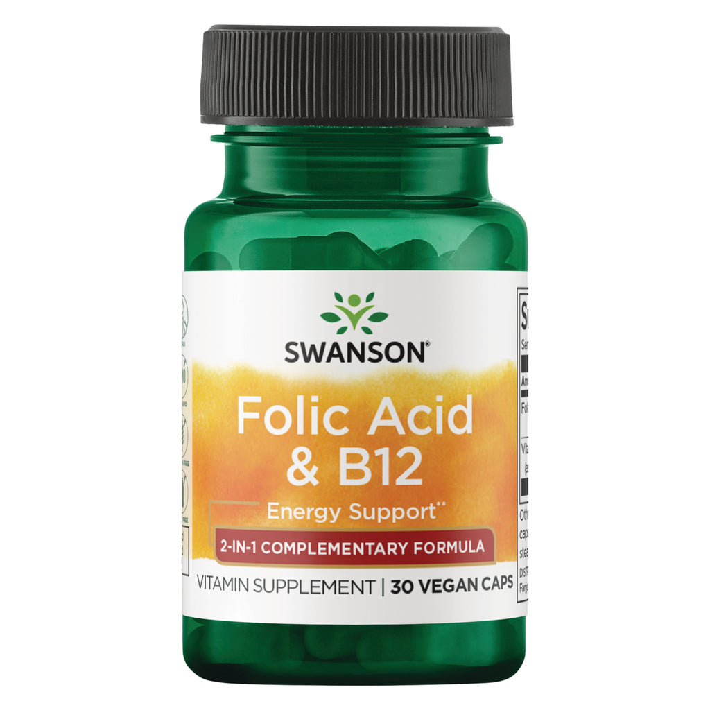SWU670 | Four Swanson Folic Acid & B12 supplement bottles, front labels visible, 30 vegan caps || SWU670 | Two green Swanson supplement bottles front label Folic Acid & B12 Energy Support 30 vegan caps || SWU670 | three green Swanson bottles labeled Folic Acid & B12 Energy Support 30 vegan caps - Thumbnail