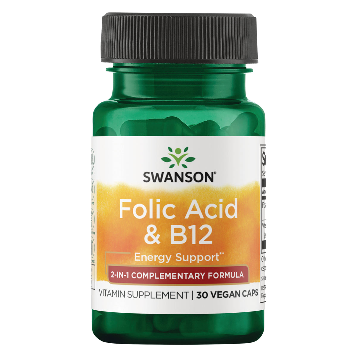 SWU670 | Four Swanson Folic Acid & B12 supplement bottles, front labels visible, 30 vegan caps || SWU670 | Two green Swanson supplement bottles front label Folic Acid & B12 Energy Support 30 vegan caps || SWU670 | three green Swanson bottles labeled Folic Acid & B12 Energy Support 30 vegan caps
