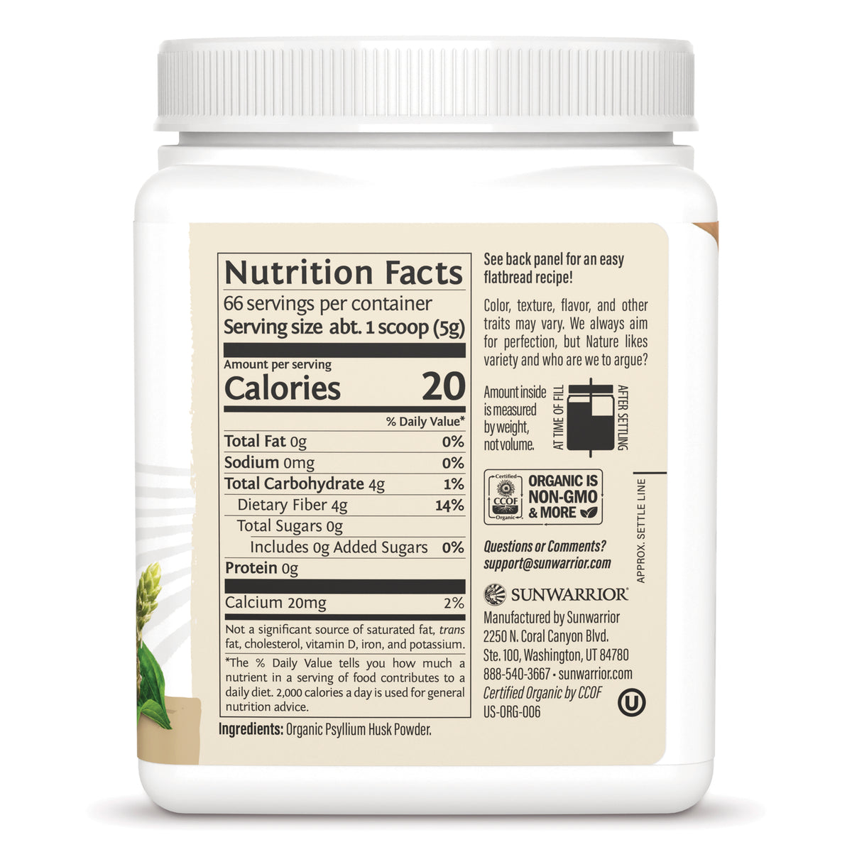 SNW068 | Back label with Nutrition Facts for organic psyllium husk powder; serving size 1 scoop (5g), 20 calories