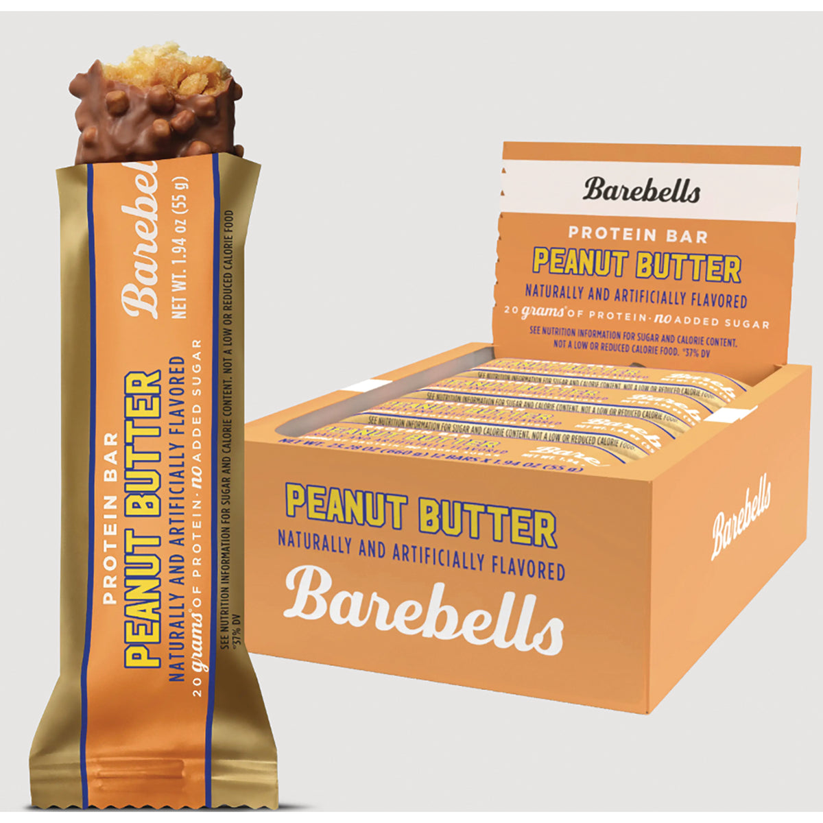 BAE004 | Barebells Peanut Butter protein bar in wrapper beside open display box reading Peanut Butter