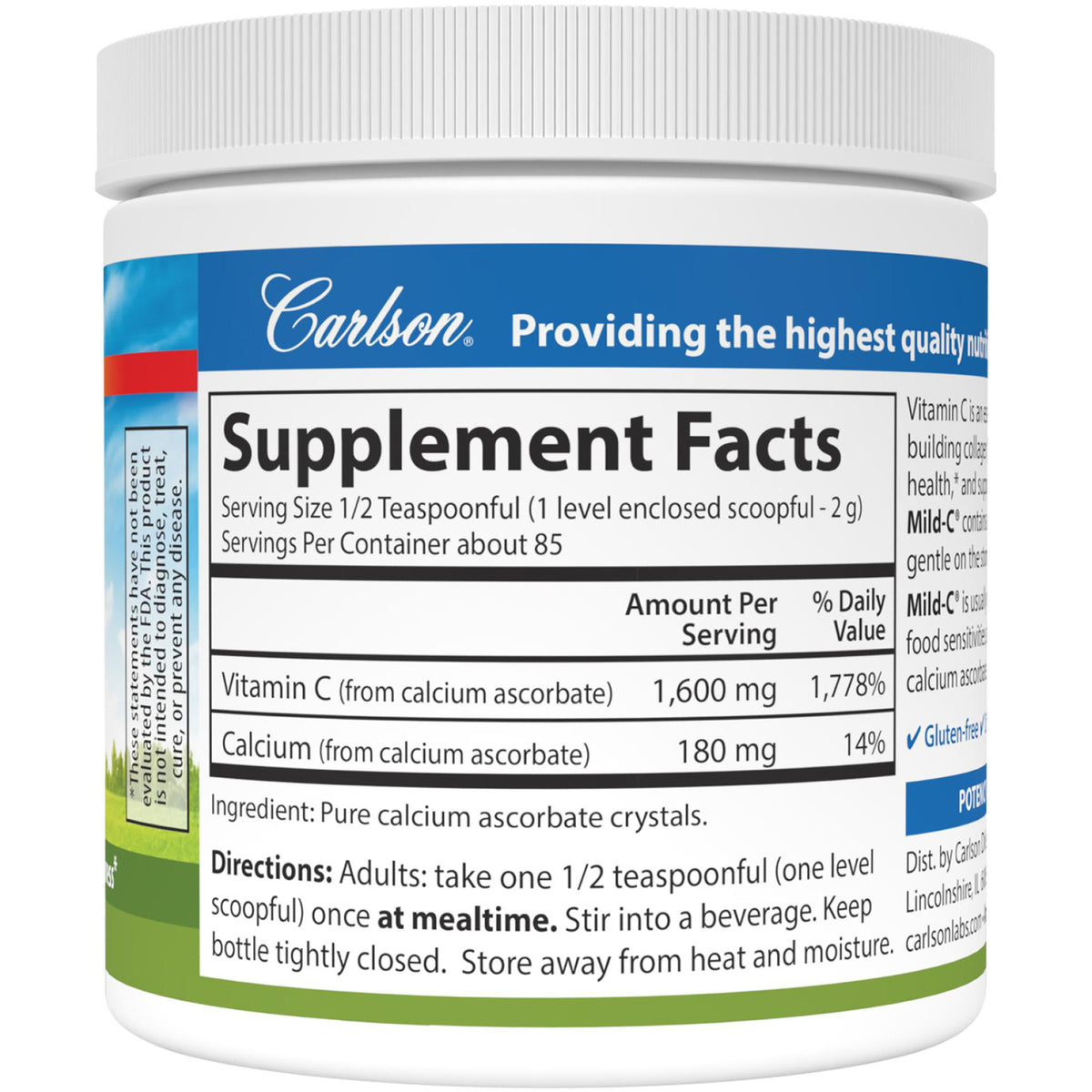 CSN030 | Carlson vitamin C supplement label with Supplement Facts and directions