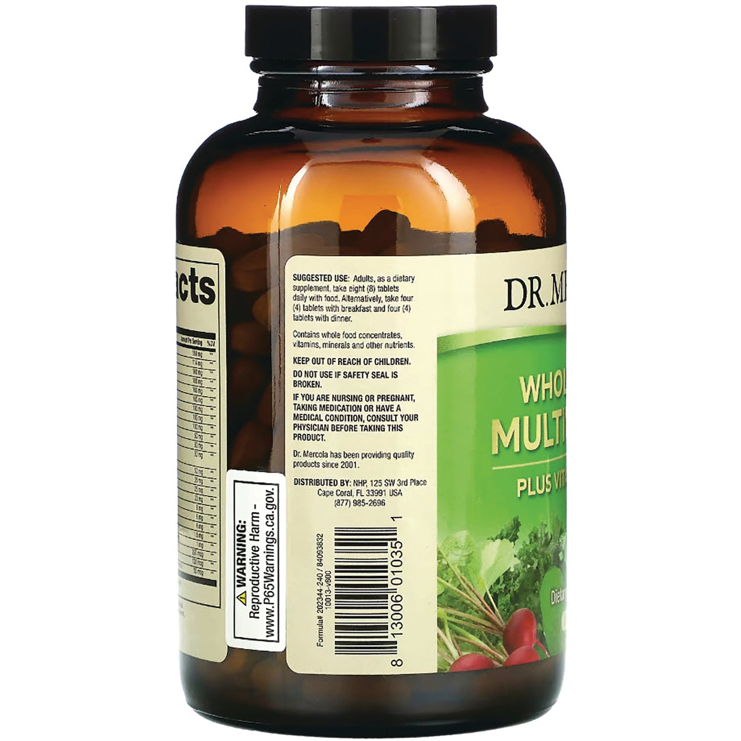 MRC086 | back label of amber supplement bottle showing barcode, warning, suggested use and ingredients panel