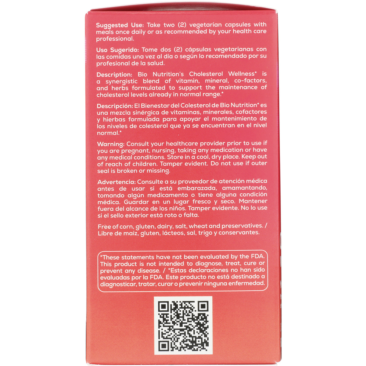 BNN027 | Back of red supplement box showing suggested use, bilingual description, warnings, and a QR code